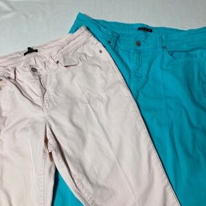 Lot Of 2 Eileen‎ Fisher Women's Stretch Denim Pants USA Made Aqua & Pink Size 14